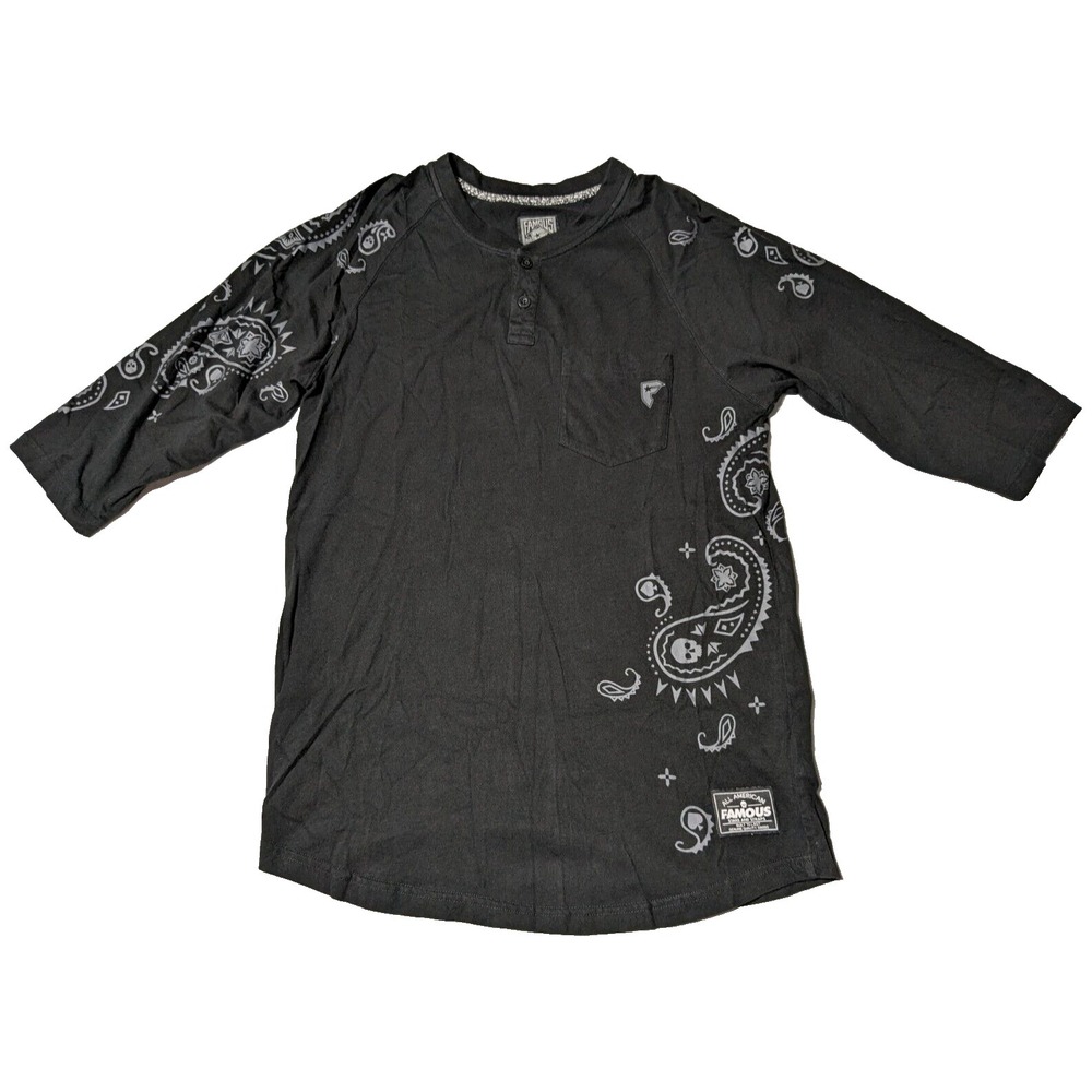 FAMOUS STARS & STRAPS Men Small Black Cotton Paisley Print HENLEY POCKET T-Shirt